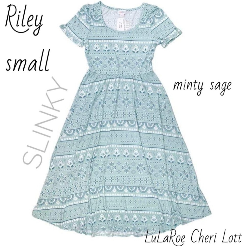 NWT LuLaRoe Riley Dress in Minty Sage Green Pattern